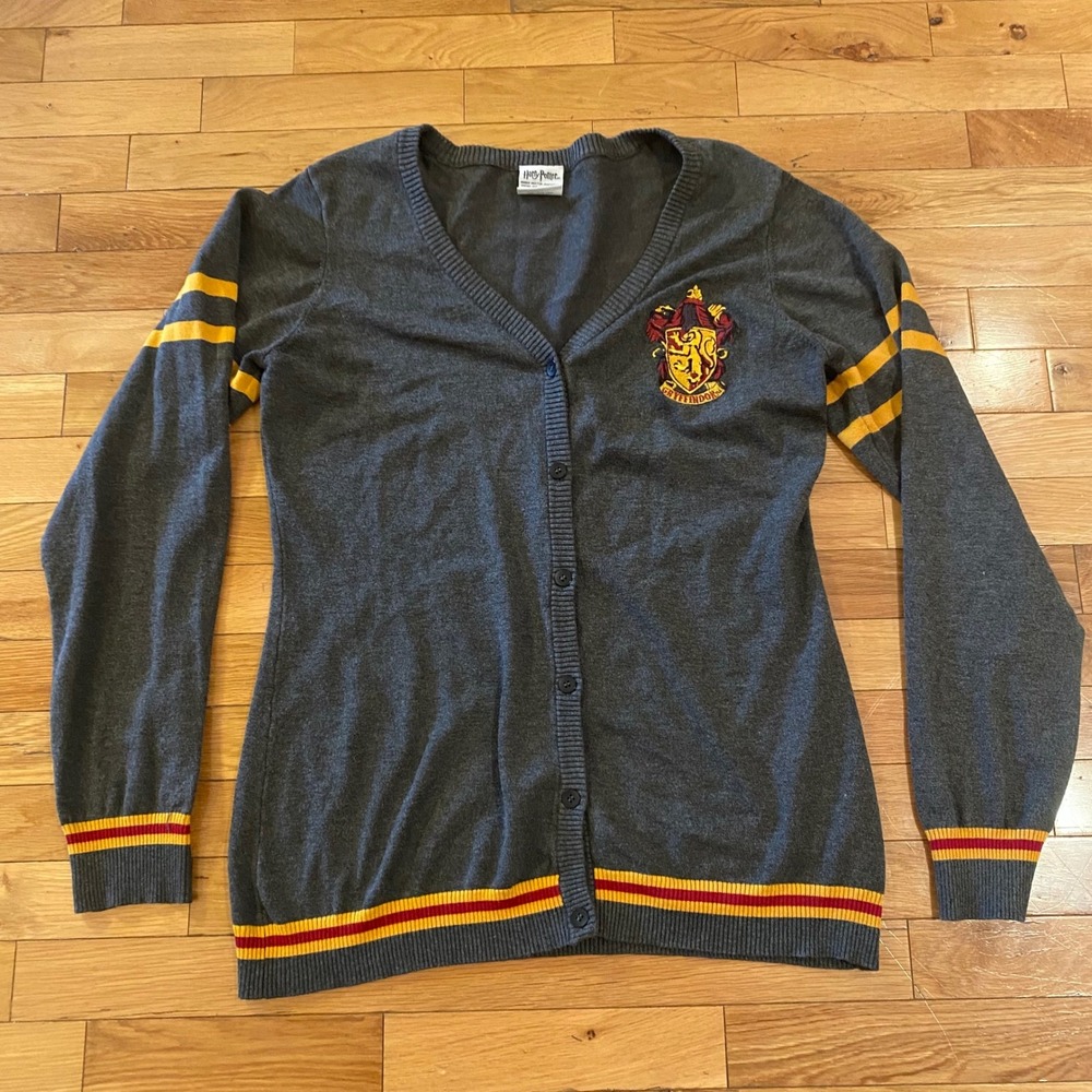 Gray Cardigan Sweater with Red and Yellow Accents
